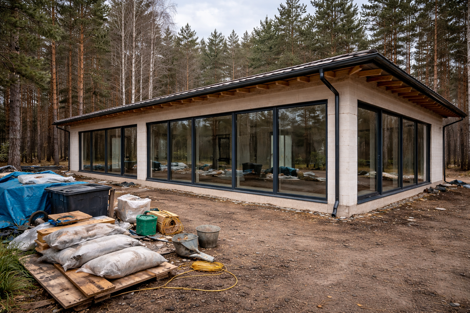 Vitrīnu un fasādes risinājumi - guļbūve ar lieliem logiem