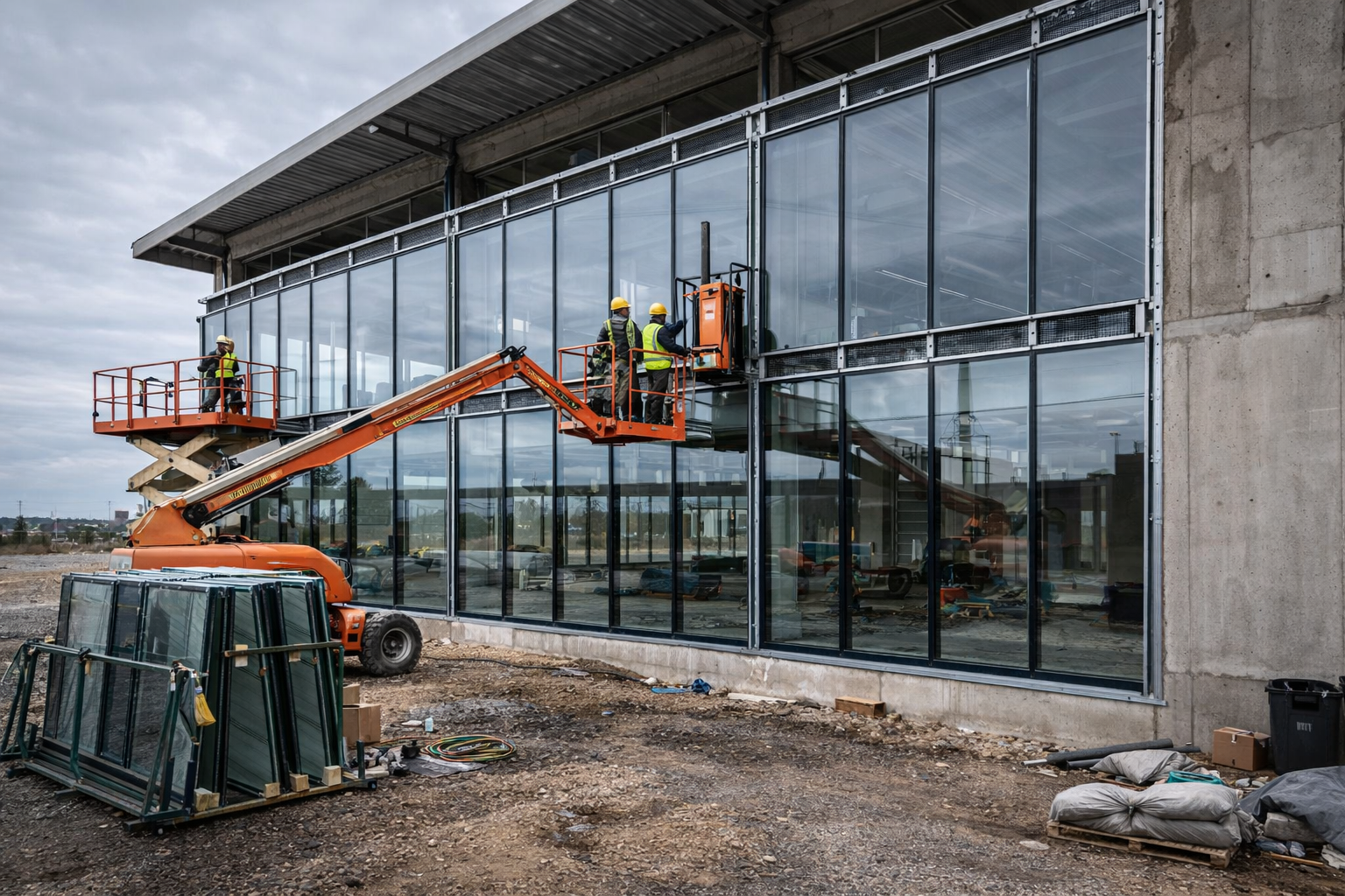 Industriāls lielapjoma objekts - daudzstāvu ēka ar stikla fasādēm
