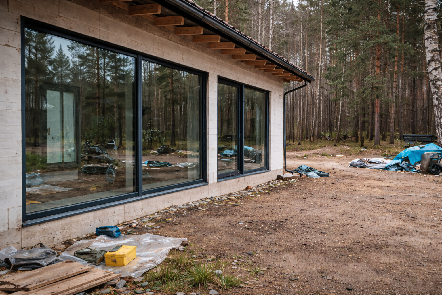 Industriāls objekts ar logu un fasāžu montāžu - darbinieki uzstāda stikla paneļus ar celtņa palīdzību