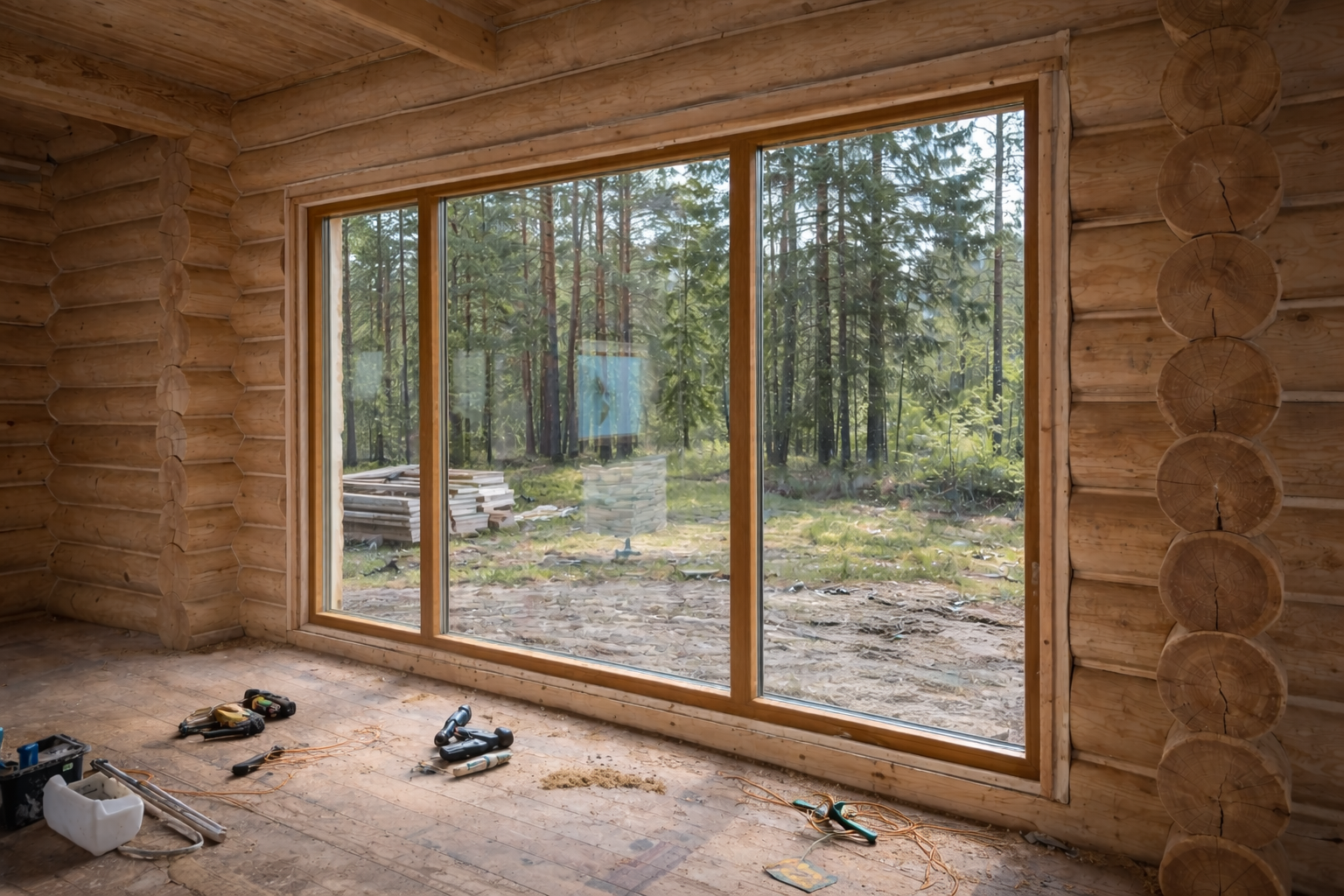 Logu un fasāžu montāžas process objektā - darbinieki uzstāda logus un stikla paneļus